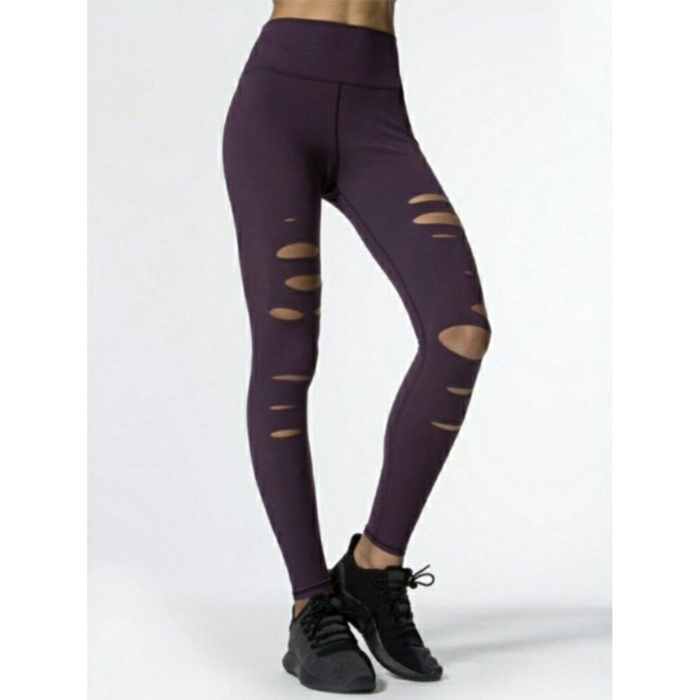 ALO High Waist Ripped Warrior Leggings in Eggplant Size L